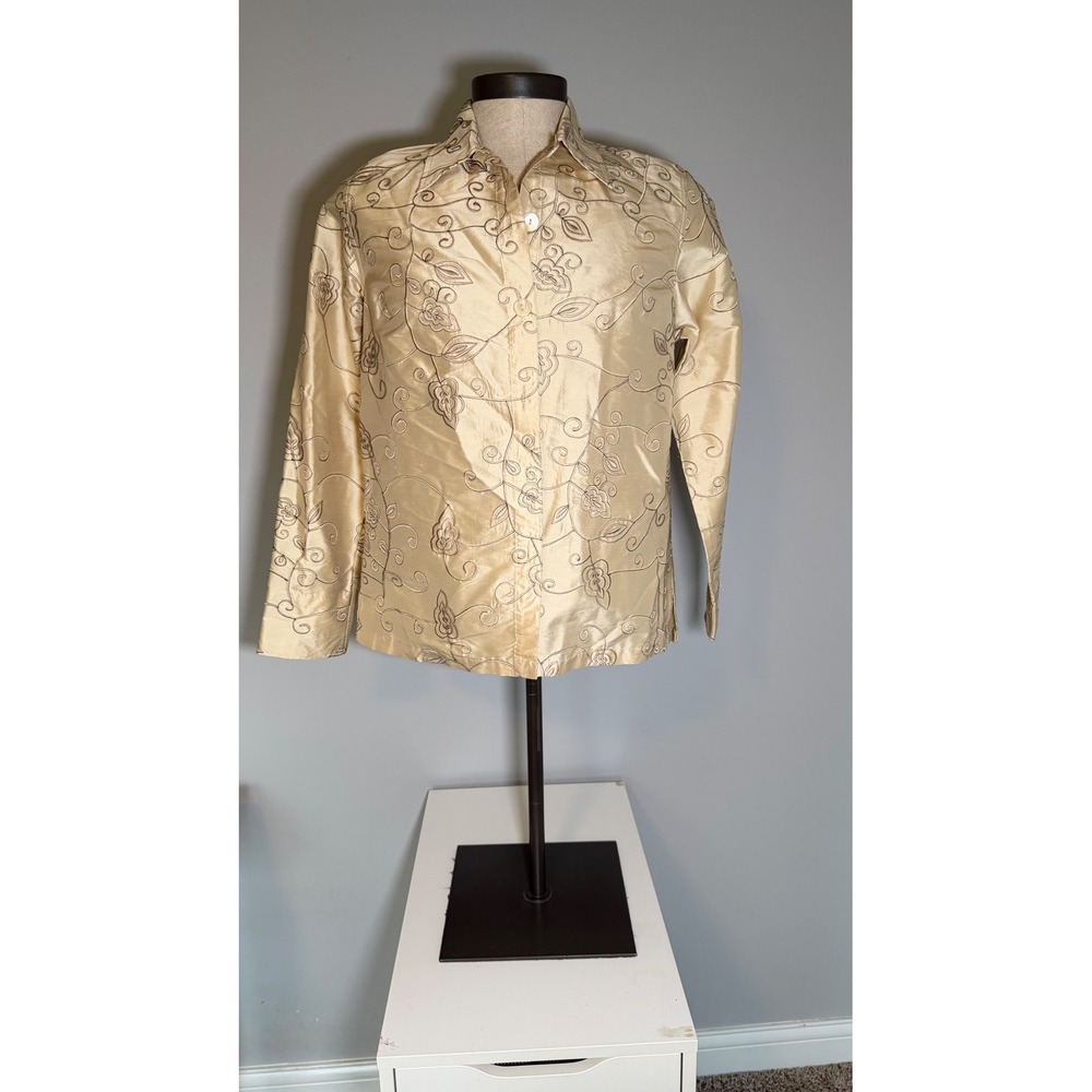 Isabella Bird 100% Silk Embroidered Resort Formal Champagne Gold Button Up M